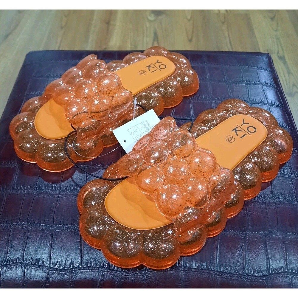 Yoki Walking On Clouds Orange Glitter Bubble Jelly Slides Sandals Clear Sz 6 NEW